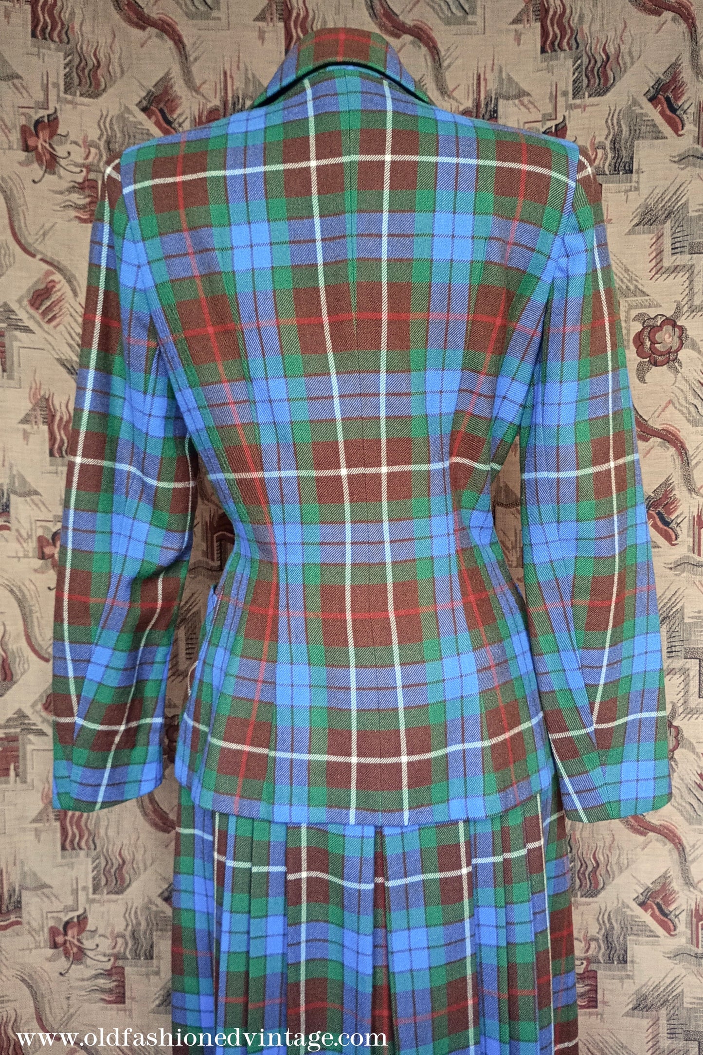 Vintage 1940s Suit Fraser Tartan Blue Green Wool Jacket Skirt UK S