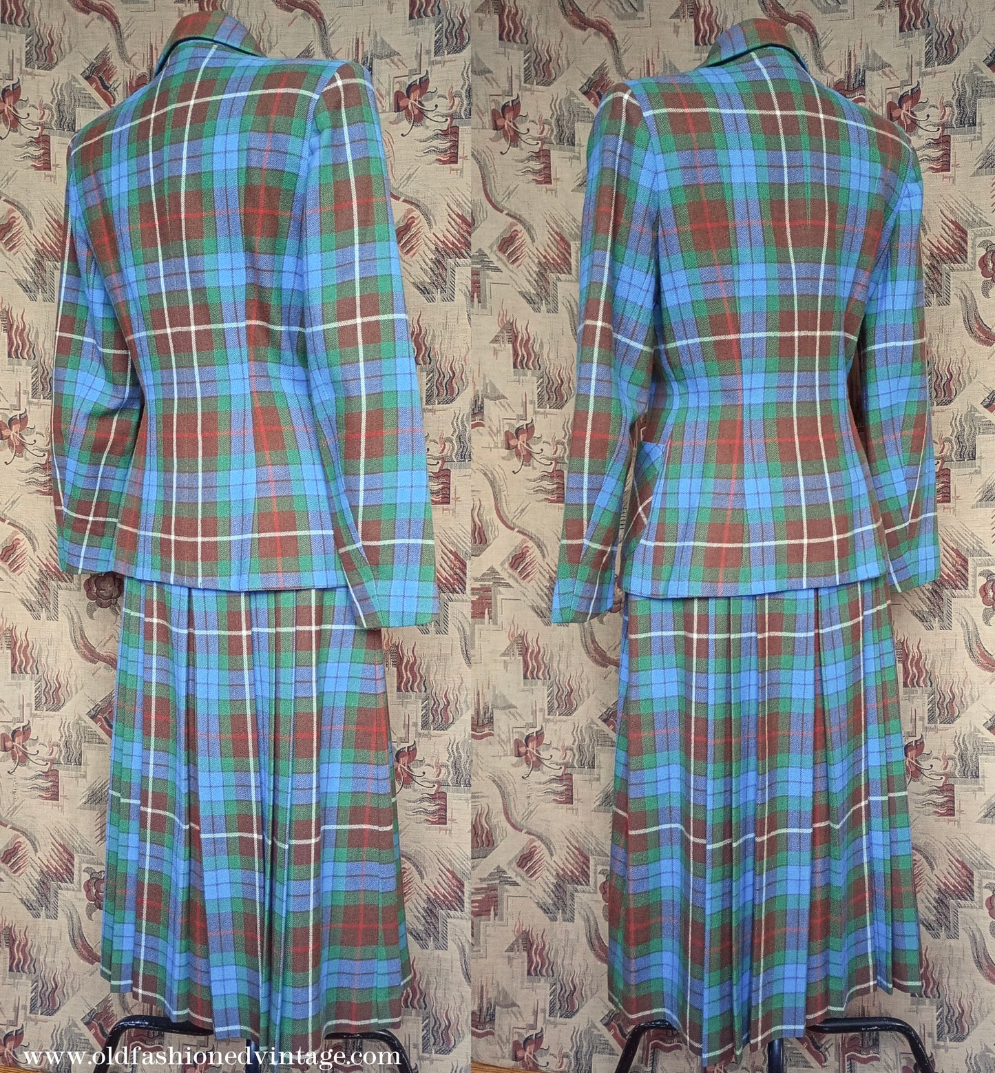 Vintage 1940s Suit Fraser Tartan Blue Green Wool Jacket Skirt UK S