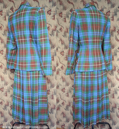 Vintage 1940s Suit Fraser Tartan Blue Green Wool Jacket Skirt UK S