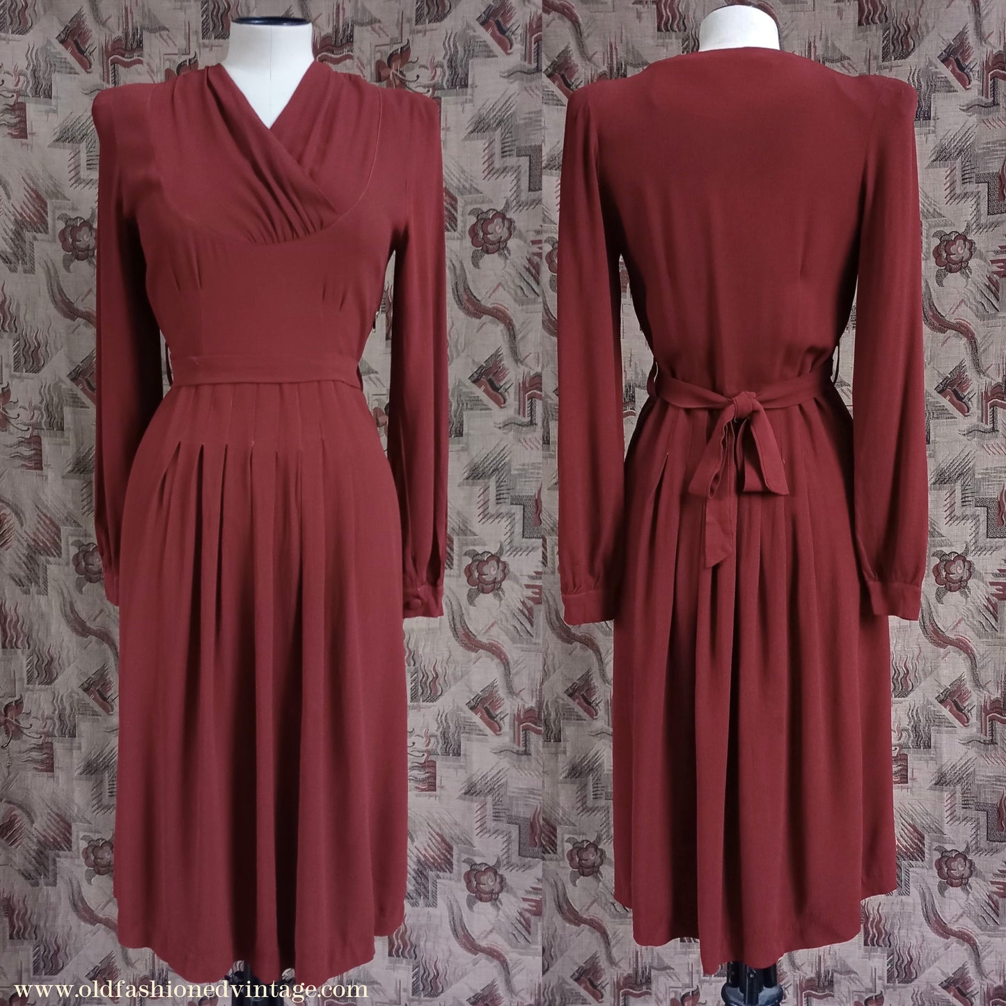 Vintage 1940s Dress Russet Chestnut Rayon Crepe UK XS/S