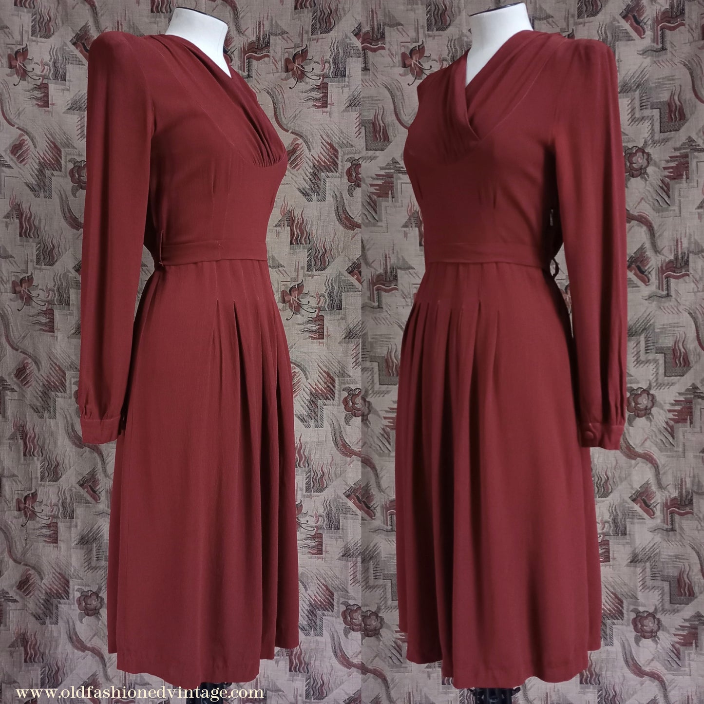 Vintage 1940s Dress Russet Chestnut Rayon Crepe UK XS/S