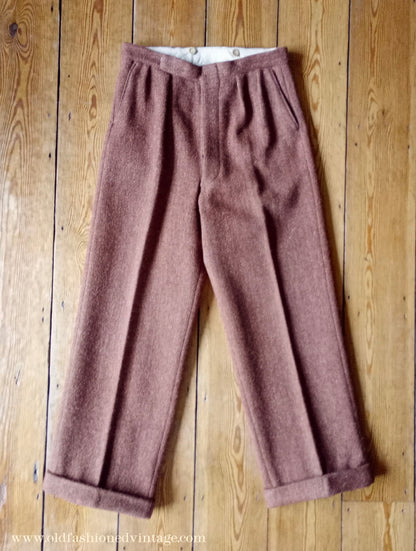 Vintage Mens 1940s Ginger Herringbone Tweed Trousers Rust Brown Pants 31 x 29