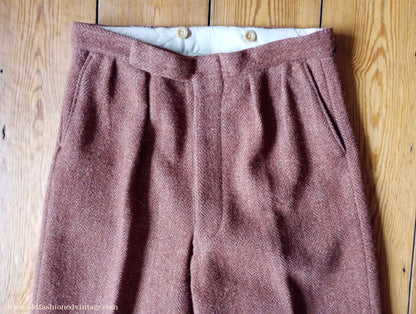 Vintage Mens 1940s Ginger Herringbone Tweed Trousers Rust Brown Pants 31 x 29