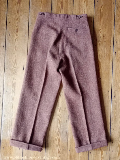 Vintage Mens 1940s Ginger Herringbone Tweed Trousers Rust Brown Pants 31 x 29