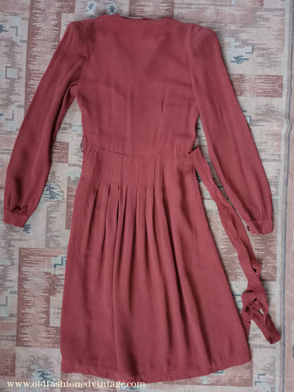 Vintage 1940s Dress Russet Chestnut Rayon Crepe UK XS/S