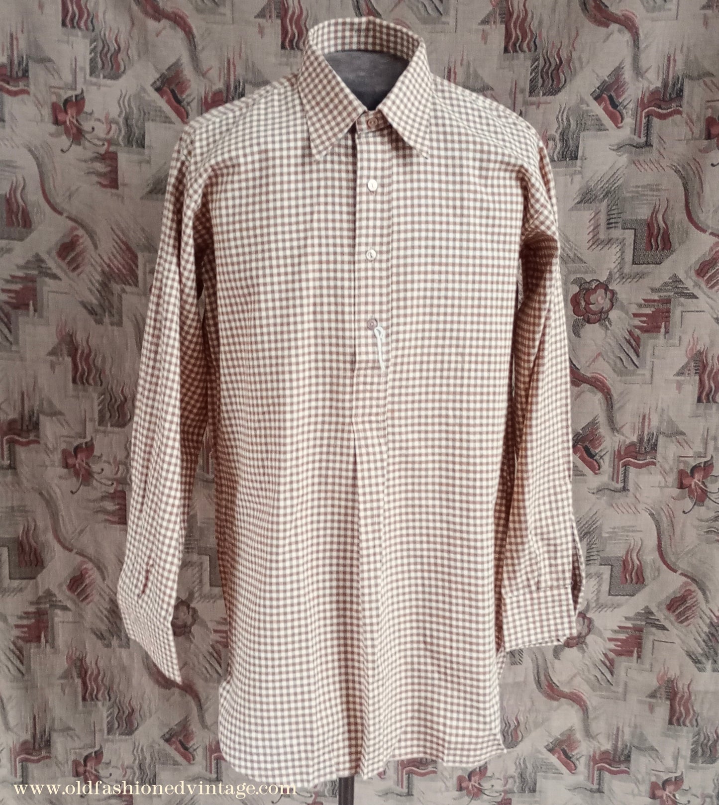 Vintage Mens NOS 1970s "Radiac" Checked Cotton Pullover Shirt British Overhead Tunic Half Buttoned 17"