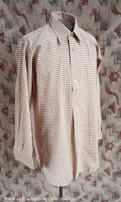 Vintage Mens NOS 1970s "Radiac" Checked Cotton Pullover Shirt British Overhead Tunic Half Buttoned 17"