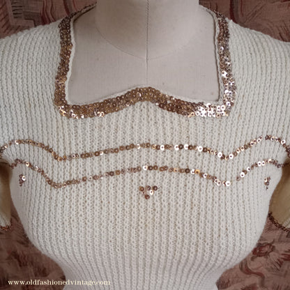 Rare Vintage 1940s Hand Knitted Cream Sweater Gold Sequin Evening Jumper Blouse UK XS/S