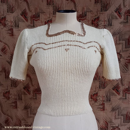 Rare Vintage 1940s Hand Knitted Cream Sweater Gold Sequin Evening Jumper Blouse UK XS/S