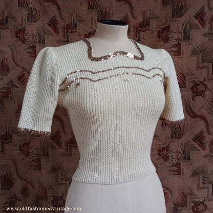 Rare Vintage 1940s Hand Knitted Cream Sweater Gold Sequin Evening Jumper Blouse UK XS/S