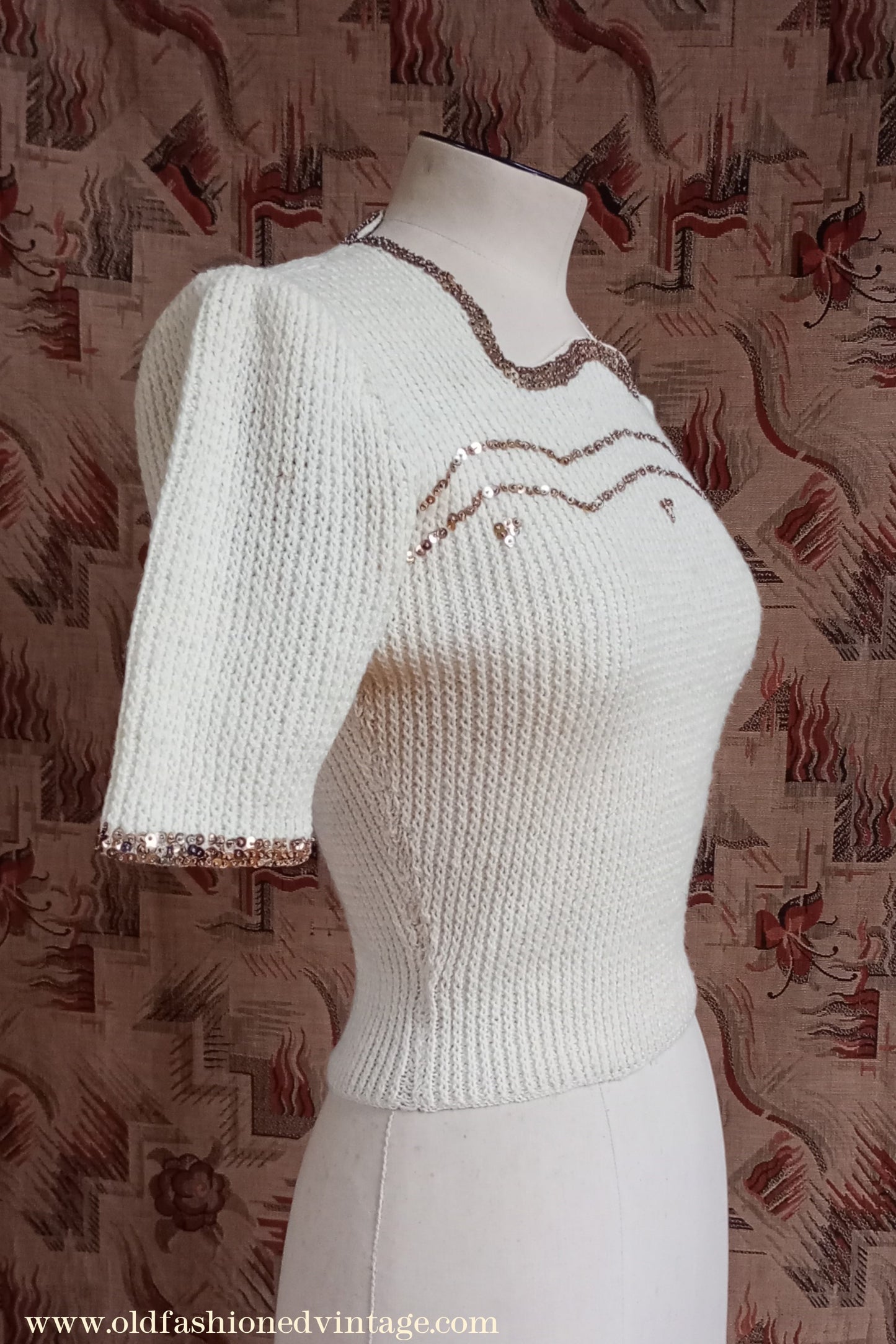 Rare Vintage 1940s Hand Knitted Cream Sweater Gold Sequin Evening Jumper Blouse UK XS/S