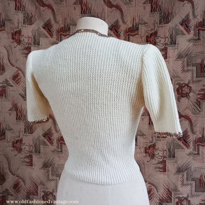 Rare Vintage 1940s Hand Knitted Cream Sweater Gold Sequin Evening Jumper Blouse UK XS/S