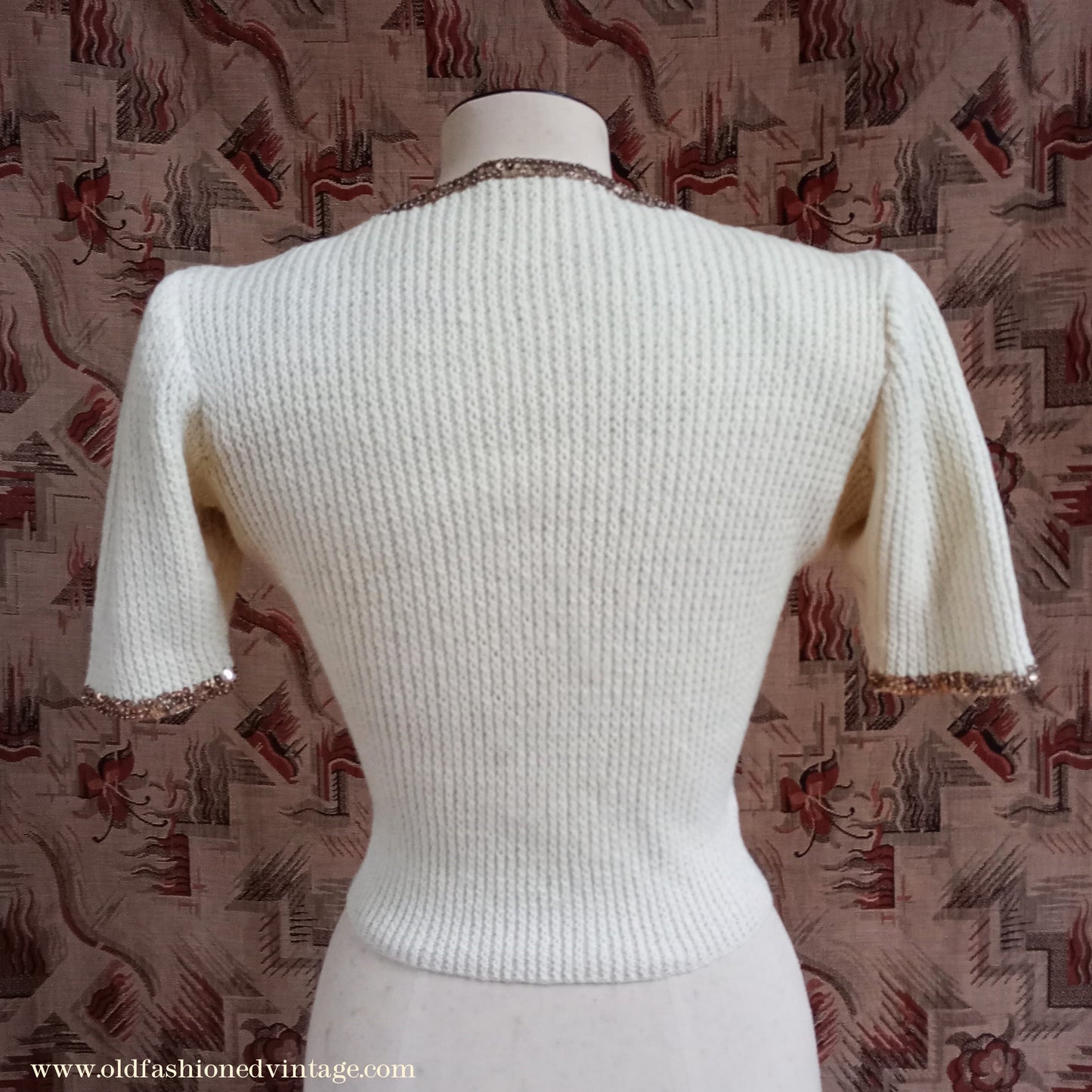 Rare Vintage 1940s Hand Knitted Cream Sweater Gold Sequin Evening Jumper Blouse UK XS/S