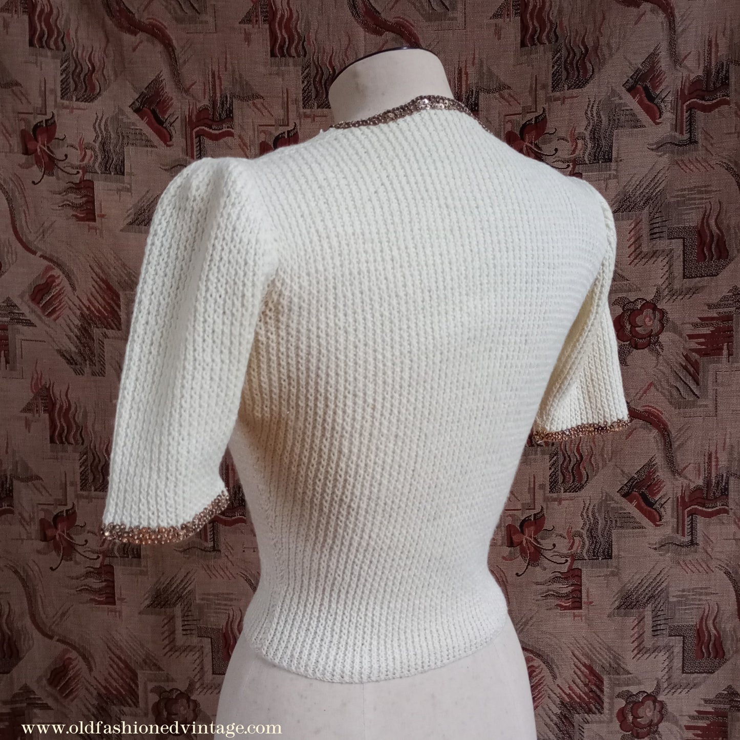 Rare Vintage 1940s Hand Knitted Cream Sweater Gold Sequin Evening Jumper Blouse UK XS/S