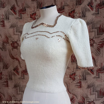 Rare Vintage 1940s Hand Knitted Cream Sweater Gold Sequin Evening Jumper Blouse UK XS/S