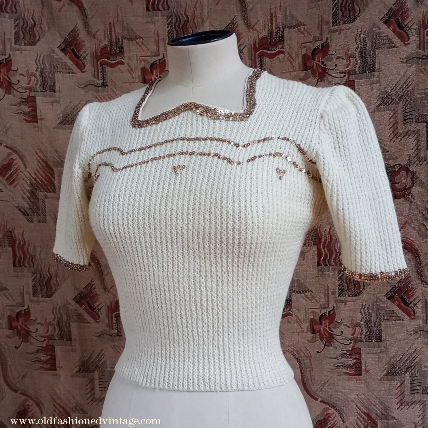 Rare Vintage 1940s Hand Knitted Cream Sweater Gold Sequin Evening Jumper Blouse UK XS/S