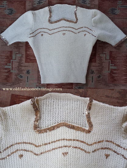 Rare Vintage 1940s Hand Knitted Cream Sweater Gold Sequin Evening Jumper Blouse UK XS/S