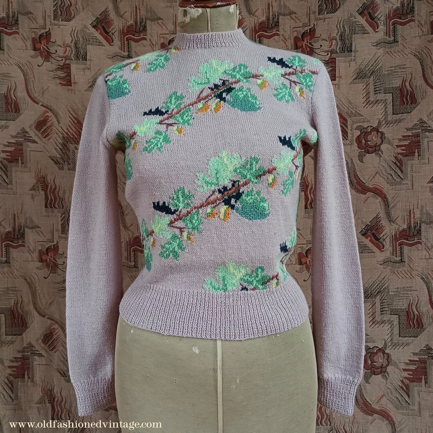 Original Vintage 1940s Hand Knitted Intarsia Oak Leaf Acorn Jumper Sweater Fair Isle UK S/M