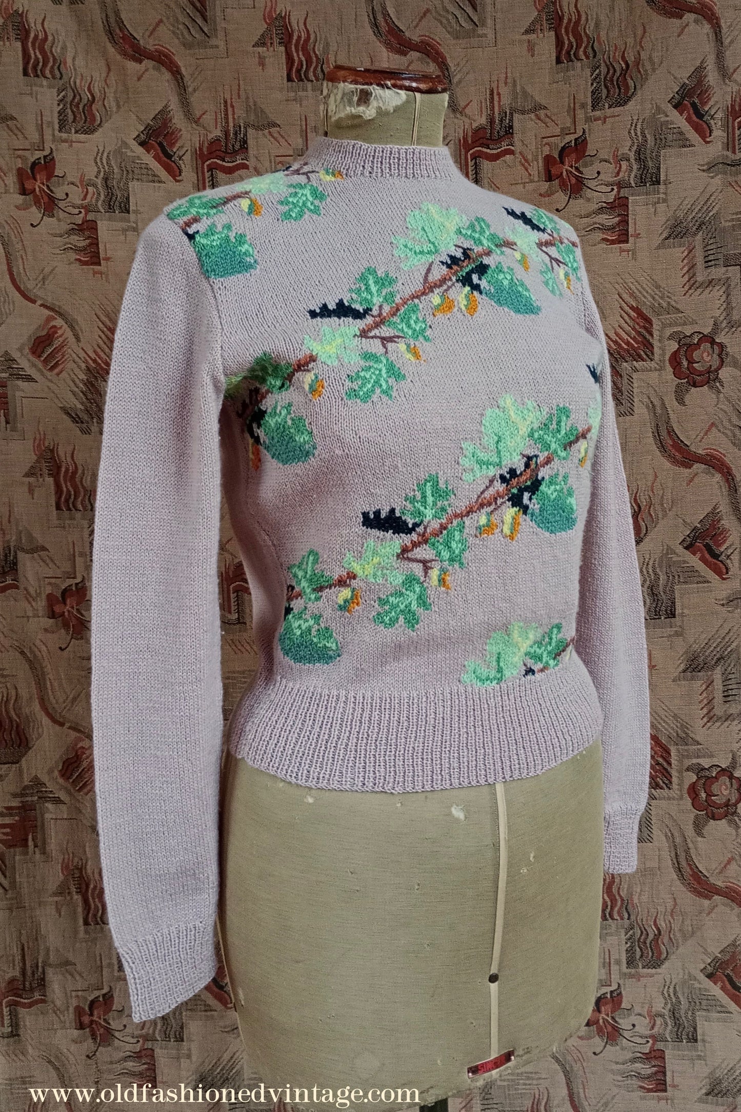 Original Vintage 1940s Hand Knitted Intarsia Oak Leaf Acorn Jumper Sweater Fair Isle UK S/M