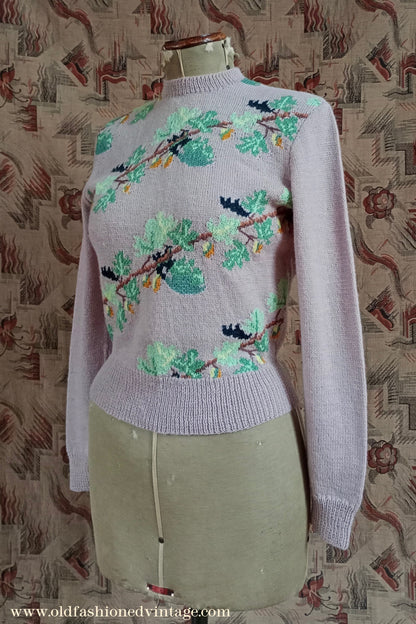 Original Vintage 1940s Hand Knitted Intarsia Oak Leaf Acorn Jumper Sweater Fair Isle UK S/M