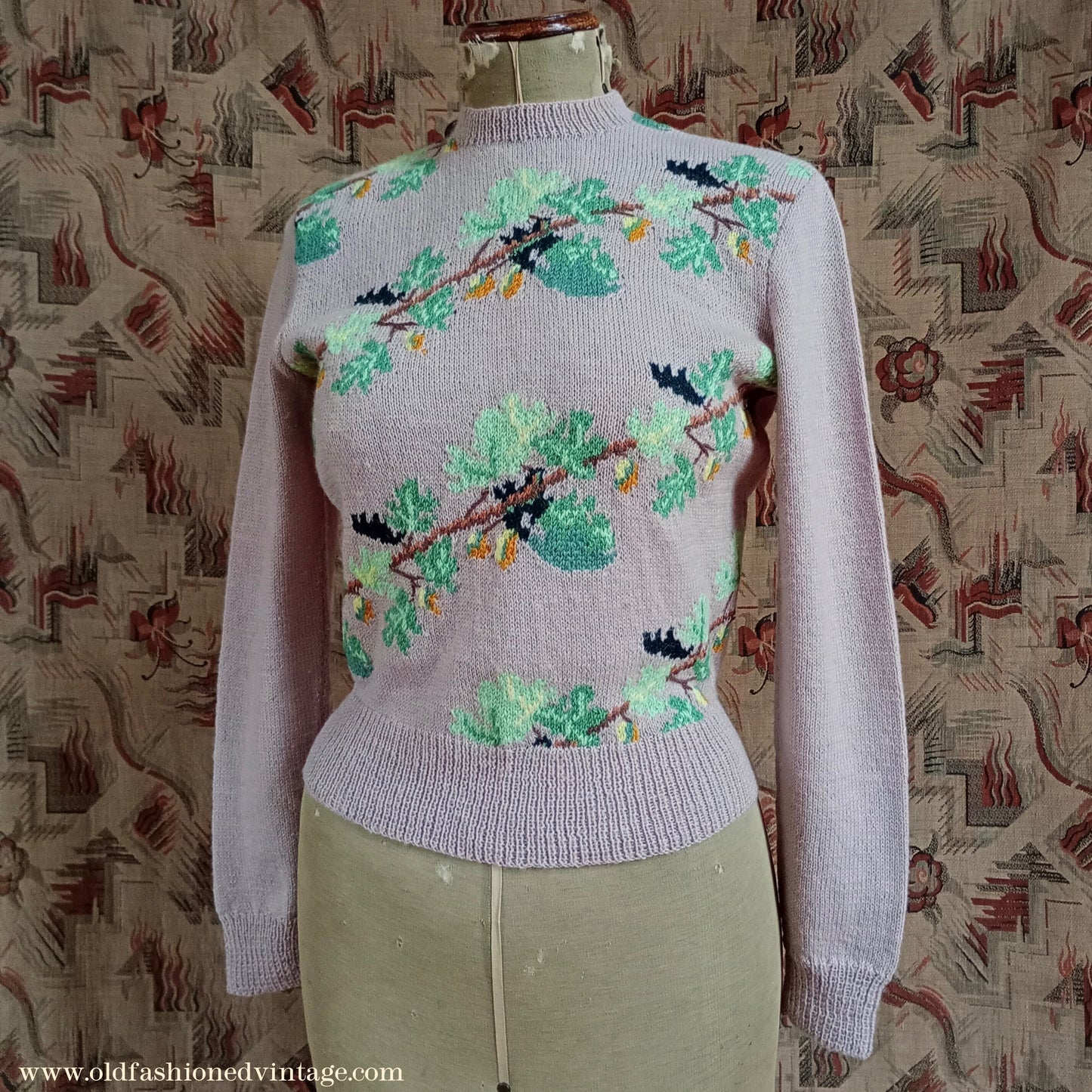 Original Vintage 1940s Hand Knitted Intarsia Oak Leaf Acorn Jumper Sweater Fair Isle UK S/M