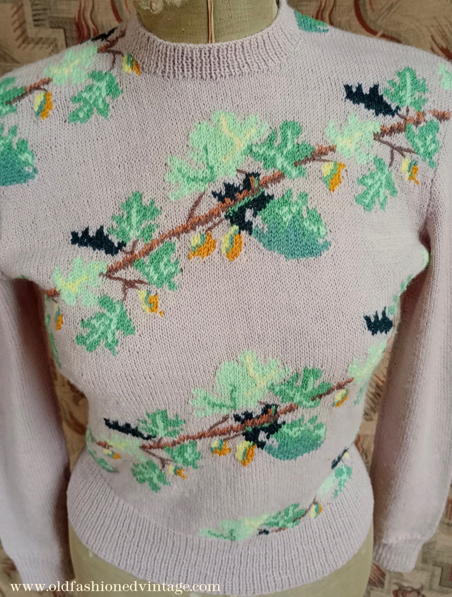 Original Vintage 1940s Hand Knitted Intarsia Oak Leaf Acorn Jumper Sweater Fair Isle UK S/M