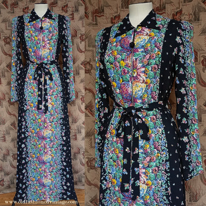 Vintage 1930s Crepe Floral Hostess Gown Zip Lounge Dress Housecoat 1940s UK XS