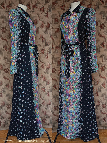 Vintage 1930s Crepe Floral Hostess Gown Zip Lounge Dress Housecoat 1940s UK XS