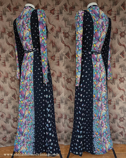Vintage 1930s Crepe Floral Hostess Gown Zip Lounge Dress Housecoat 1940s UK XS