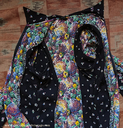 Vintage 1930s Crepe Floral Hostess Gown Zip Lounge Dress Housecoat 1940s UK XS