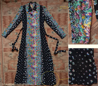Vintage 1930s Crepe Floral Hostess Gown Zip Lounge Dress Housecoat 1940s UK XS