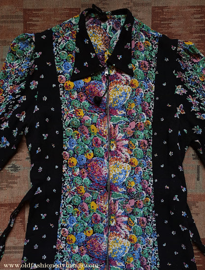 Vintage 1930s Crepe Floral Hostess Gown Zip Lounge Dress Housecoat 1940s UK XS