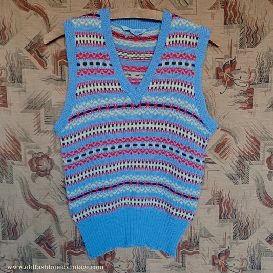 Vintage Mens 1940s 1950s Blue Wool Fair Isle Slipover Sweater Vest Tank Top Machine Knitted XS