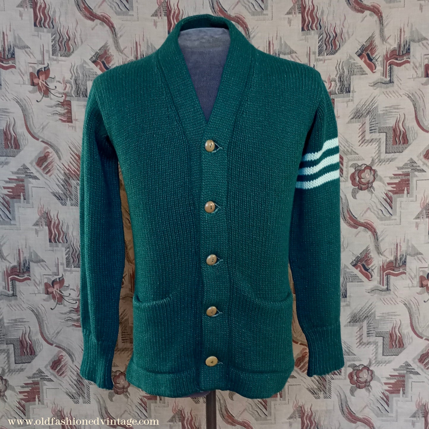 Vintage Mens 1930s 1940s Bottle Green Chunky Cardigan College Varsity Sweater Knit Knitted Wool Jacket UK S