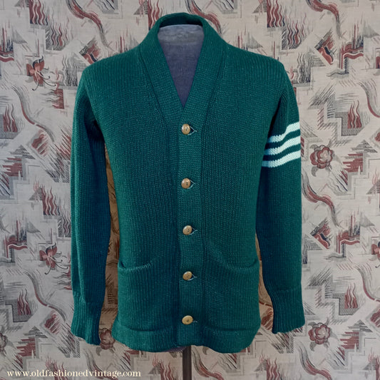 Vintage Mens 1930s 1940s Bottle Green Chunky Cardigan College Varsity Sweater Knit Knitted Wool Jacket UK S