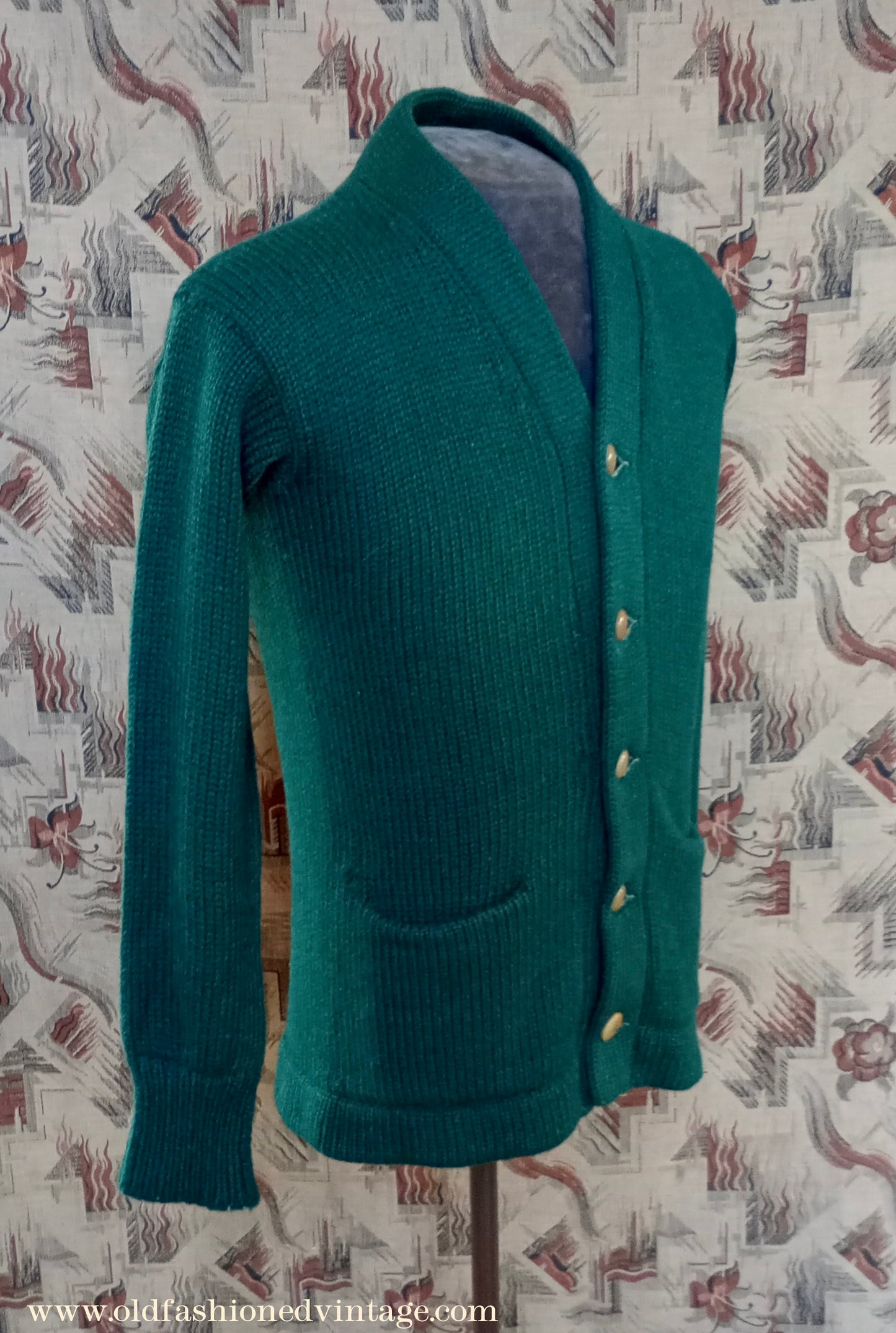 Vintage Mens 1930s 1940s Bottle Green Chunky Cardigan College Varsity Sweater Knit Knitted Wool Jacket UK S