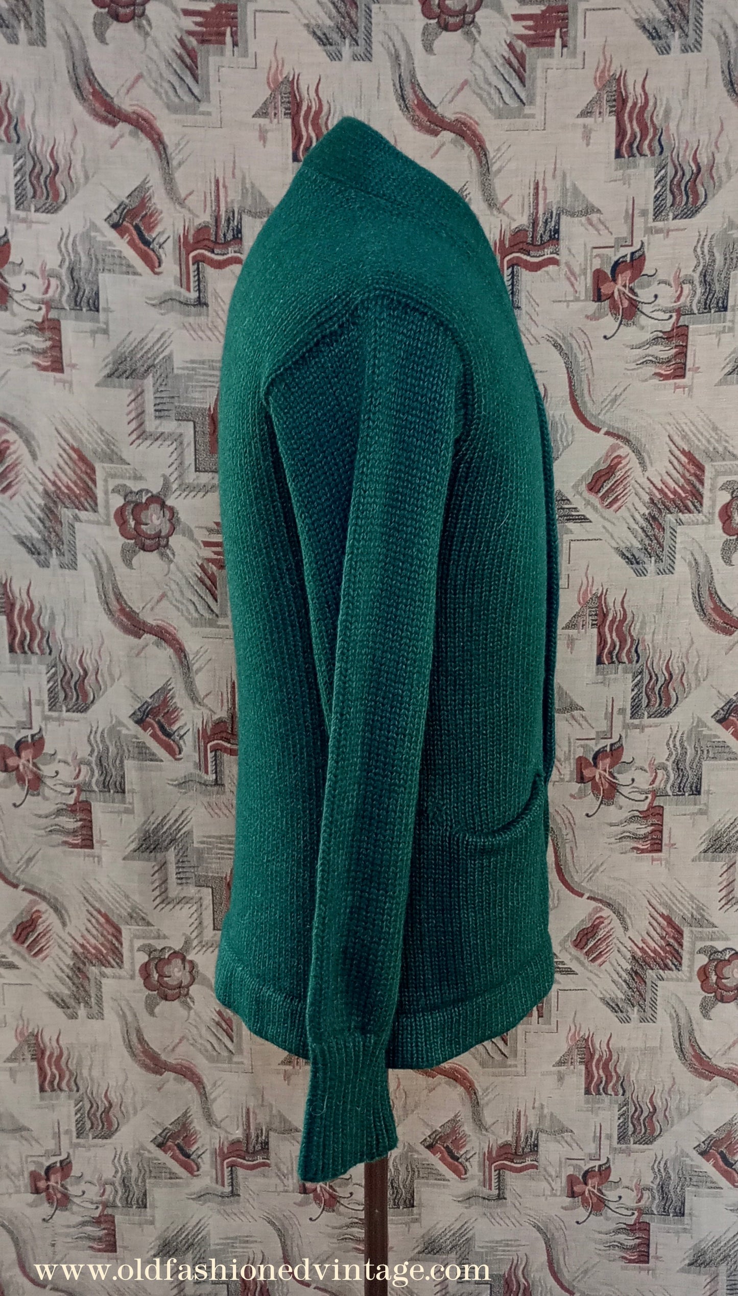 Vintage Mens 1930s 1940s Bottle Green Chunky Cardigan College Varsity Sweater Knit Knitted Wool Jacket UK S