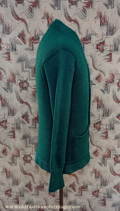 Vintage Mens 1930s 1940s Bottle Green Chunky Cardigan College Varsity Sweater Knit Knitted Wool Jacket UK S