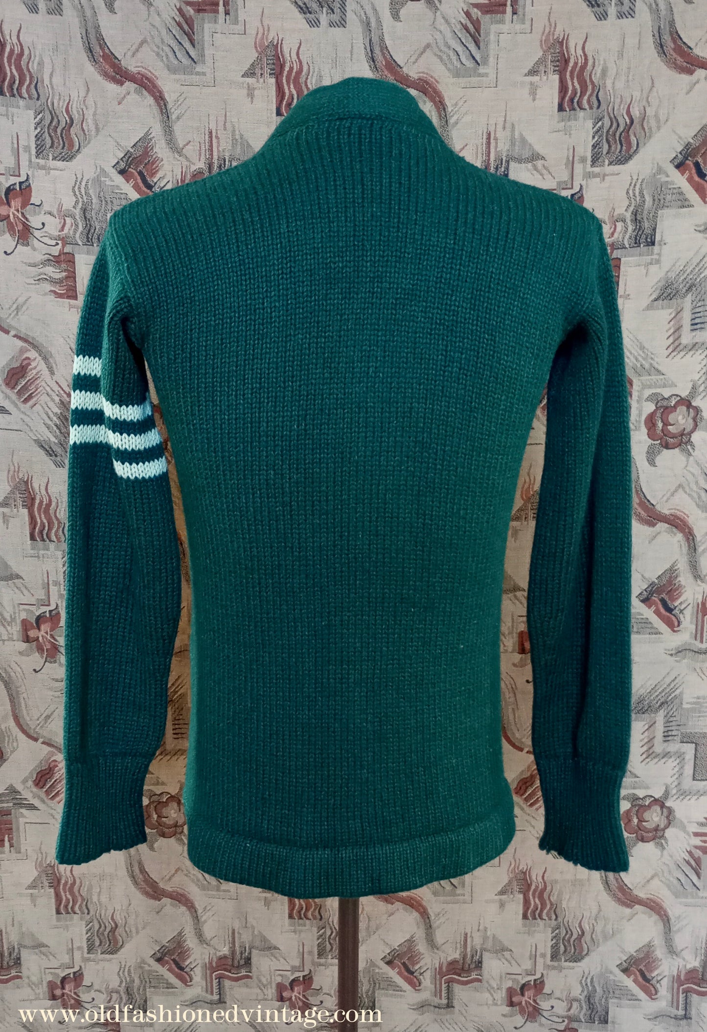 Vintage Mens 1930s 1940s Bottle Green Chunky Cardigan College Varsity Sweater Knit Knitted Wool Jacket UK S