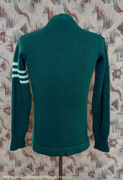 Vintage Mens 1930s 1940s Bottle Green Chunky Cardigan College Varsity Sweater Knit Knitted Wool Jacket UK S