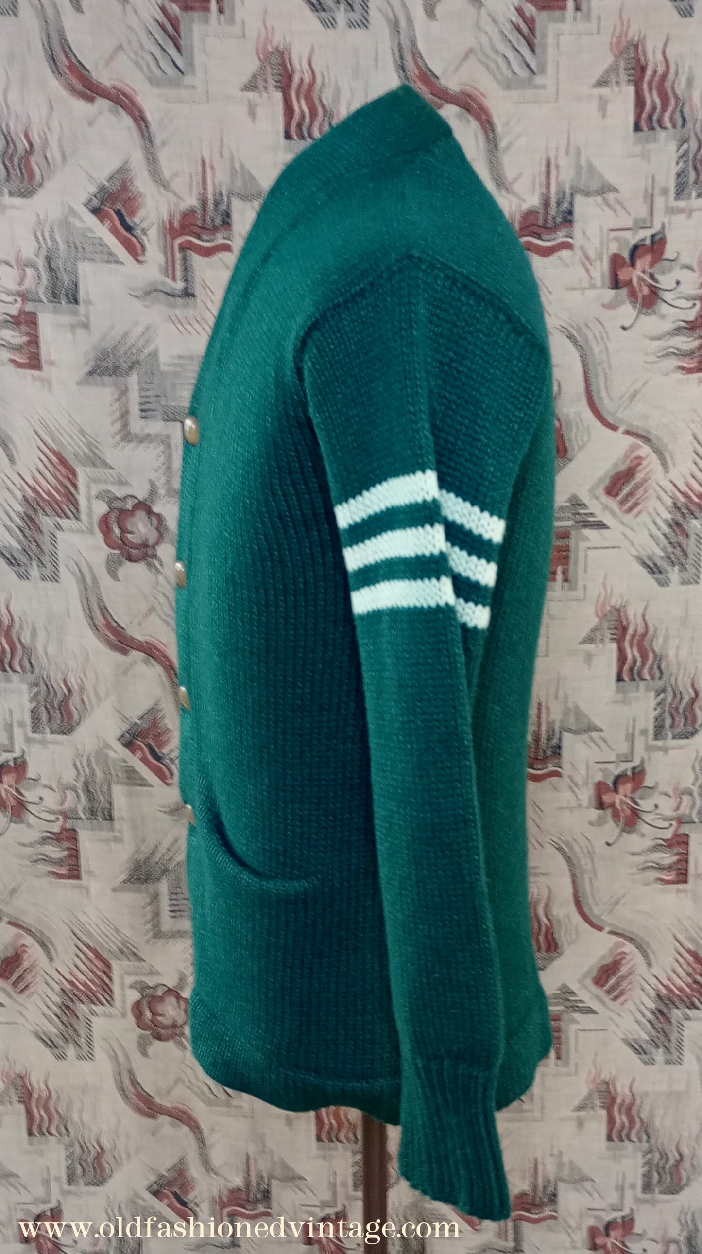 Vintage Mens 1930s 1940s Bottle Green Chunky Cardigan College Varsity Sweater Knit Knitted Wool Jacket UK S