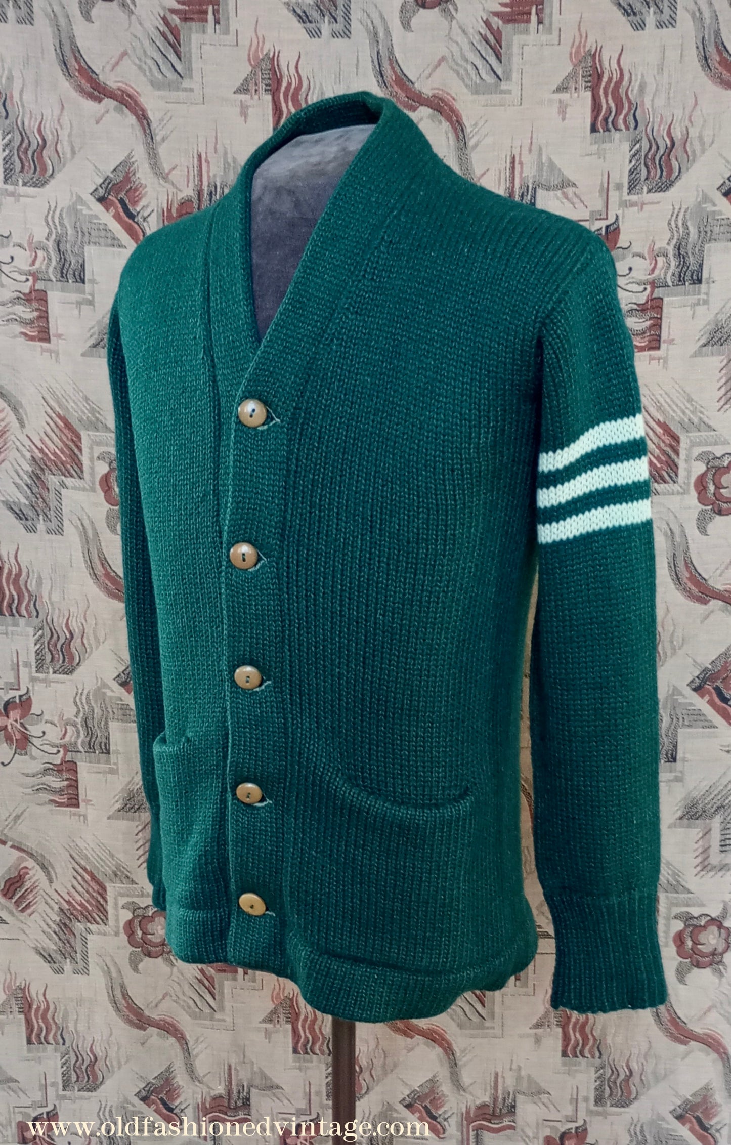 Vintage Mens 1930s 1940s Bottle Green Chunky Cardigan College Varsity Sweater Knit Knitted Wool Jacket UK S