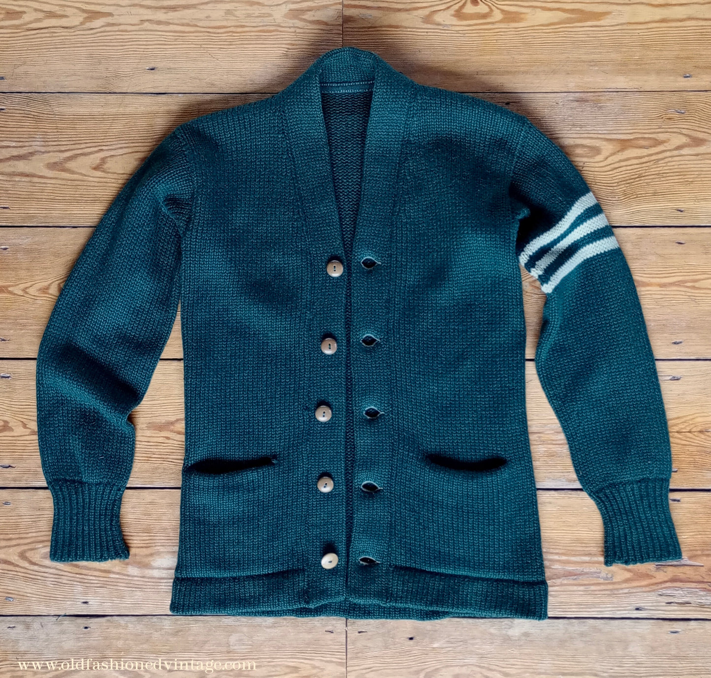 Vintage Mens 1930s 1940s Bottle Green Chunky Cardigan College Varsity Sweater Knit Knitted Wool Jacket UK S