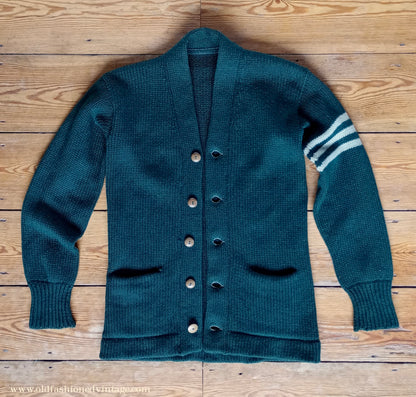 Vintage Mens 1930s 1940s Bottle Green Chunky Cardigan College Varsity Sweater Knit Knitted Wool Jacket UK S