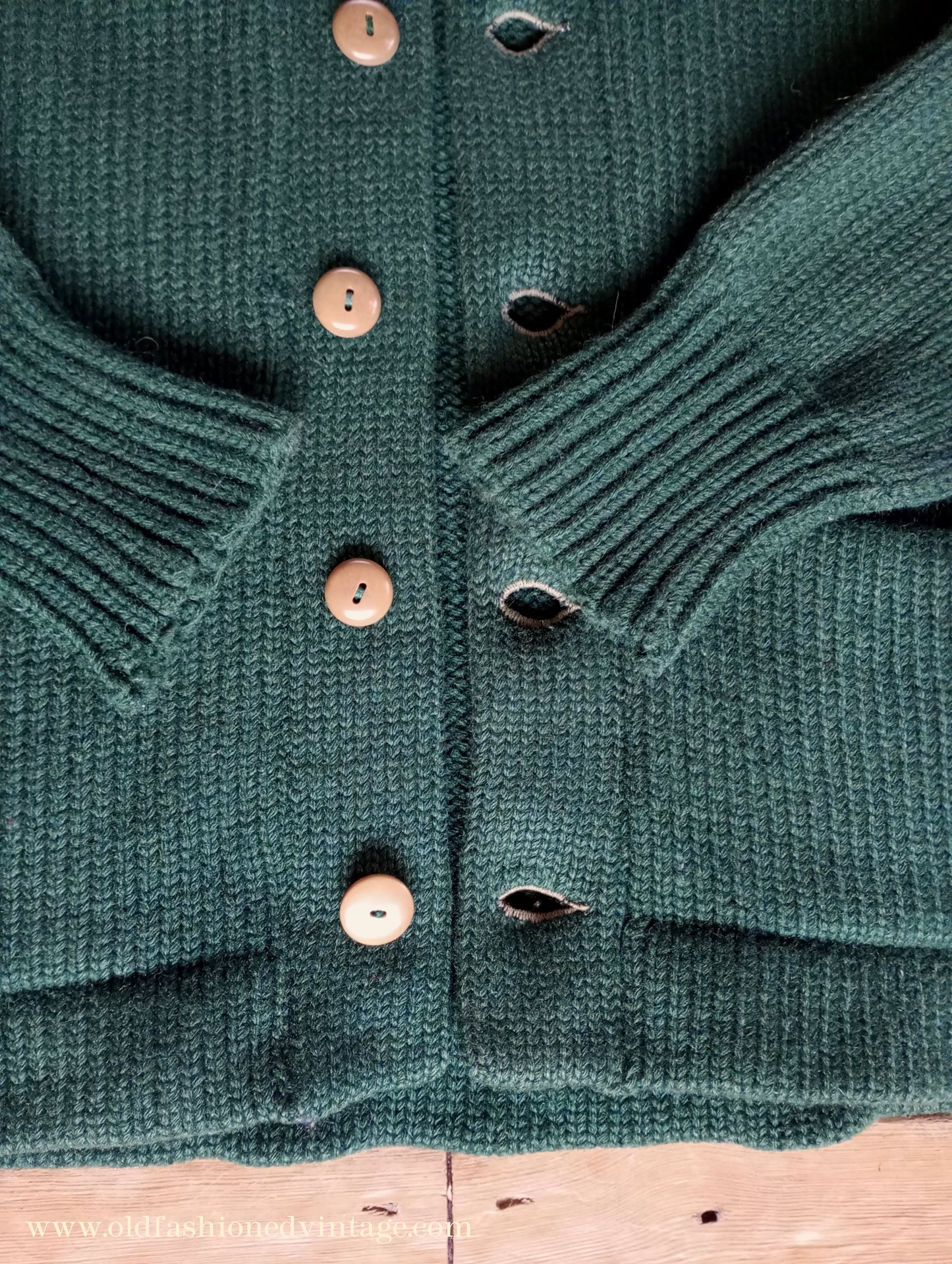Vintage Mens 1930s 1940s Bottle Green Chunky Cardigan College Varsity Sweater Knit Knitted Wool Jacket UK S