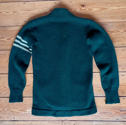 Vintage Mens 1930s 1940s Bottle Green Chunky Cardigan College Varsity Sweater Knit Knitted Wool Jacket UK S