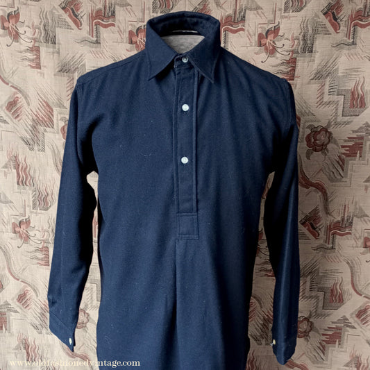 Vintage Mens NOS 1950s Black Wool Pullover Shirt Work Sports British Half Placket 15"