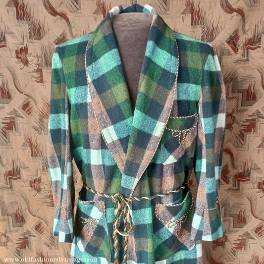 Vintage Mens 1950s Wool Dressing Gown Robe Green Brown Check Plaid UK Small