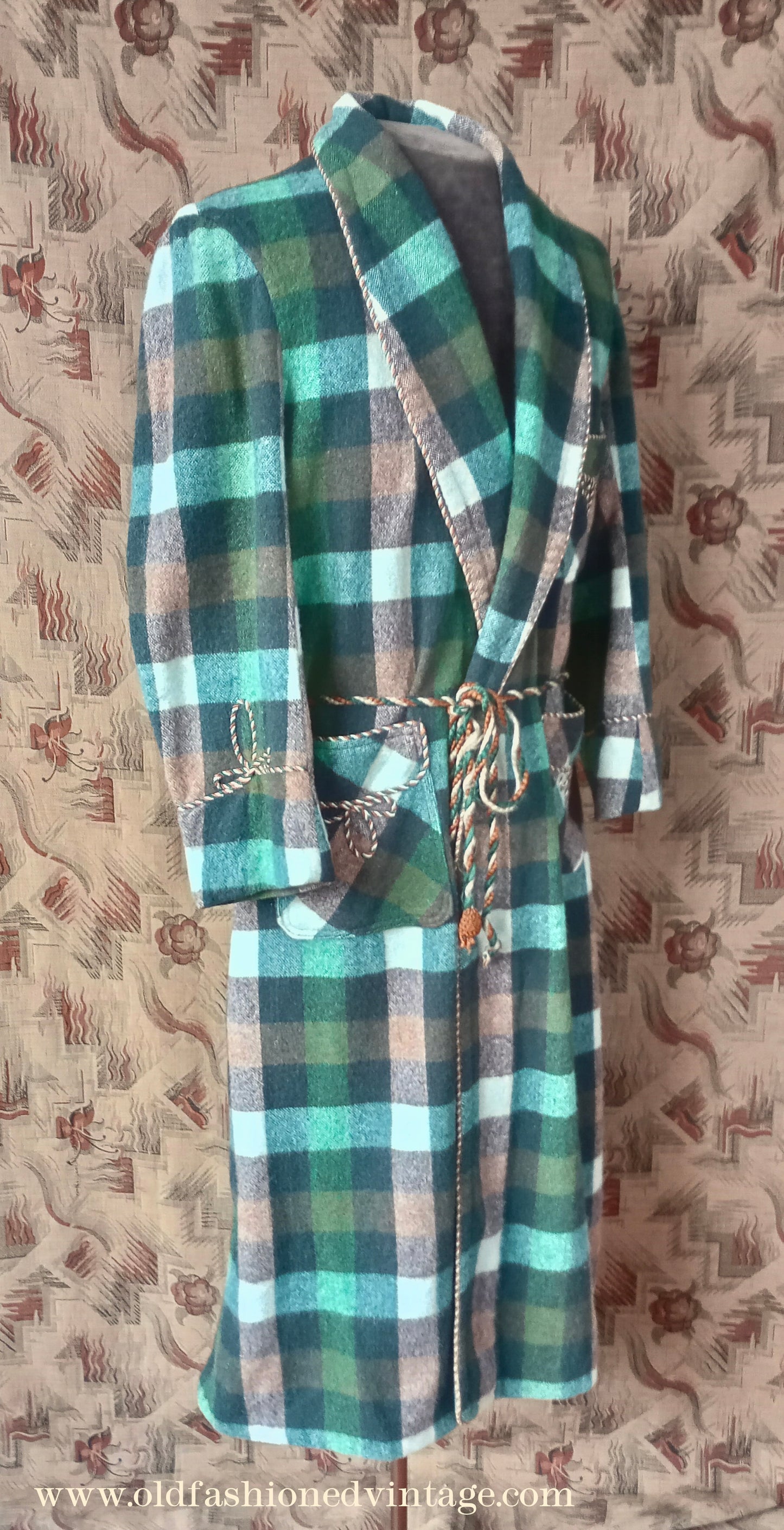 Vintage Mens 1950s Wool Dressing Gown Robe Green Brown Check Plaid UK Small