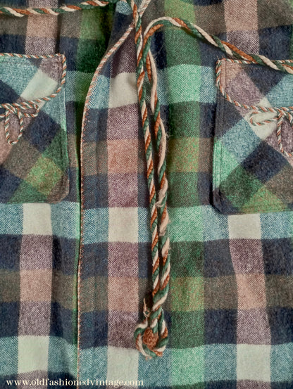 Vintage Mens 1950s Wool Dressing Gown Robe Green Brown Check Plaid UK Small